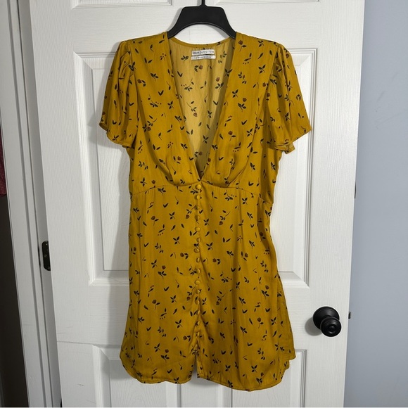 Urban Outfitters size L mustard dress, scattered florals, deep V, fall - Picture 1 of 8